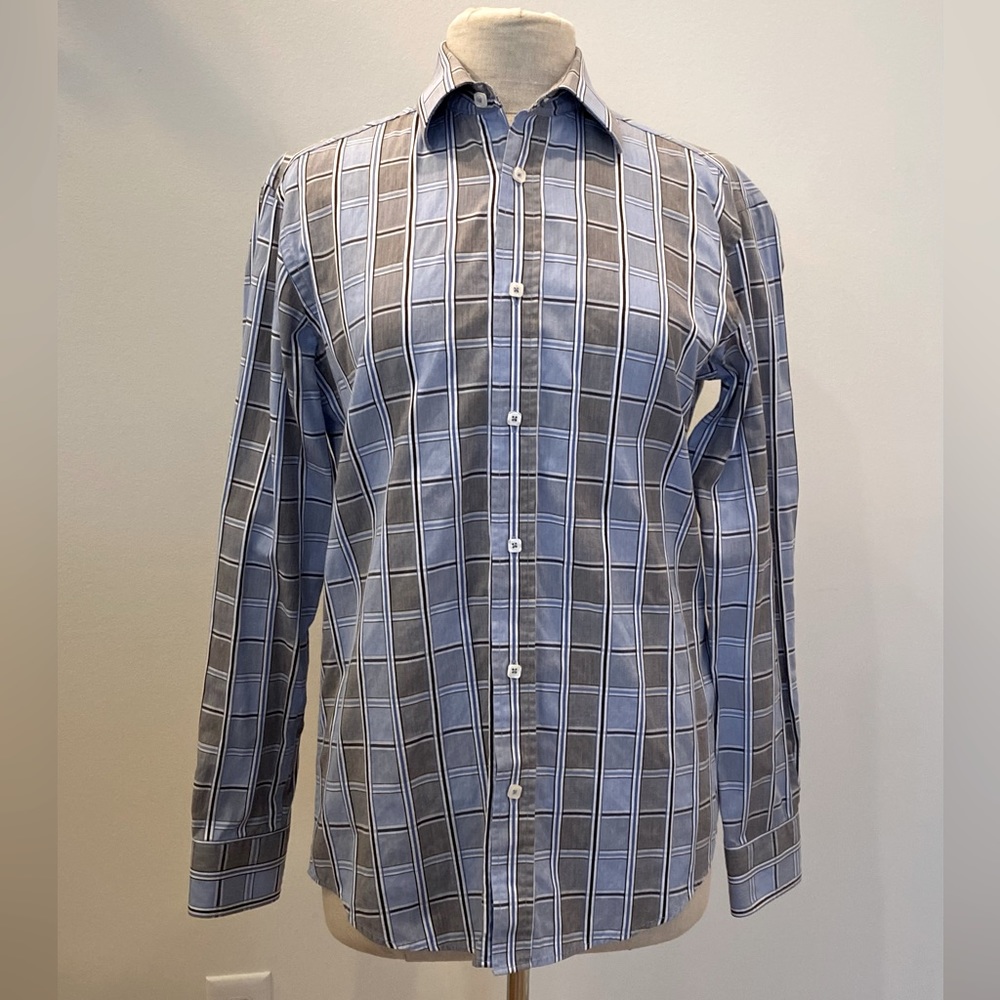 Bugatchi Mens Blue Gray Plaid w Gray Cuffs & Inside Collar / Size S / Fitted